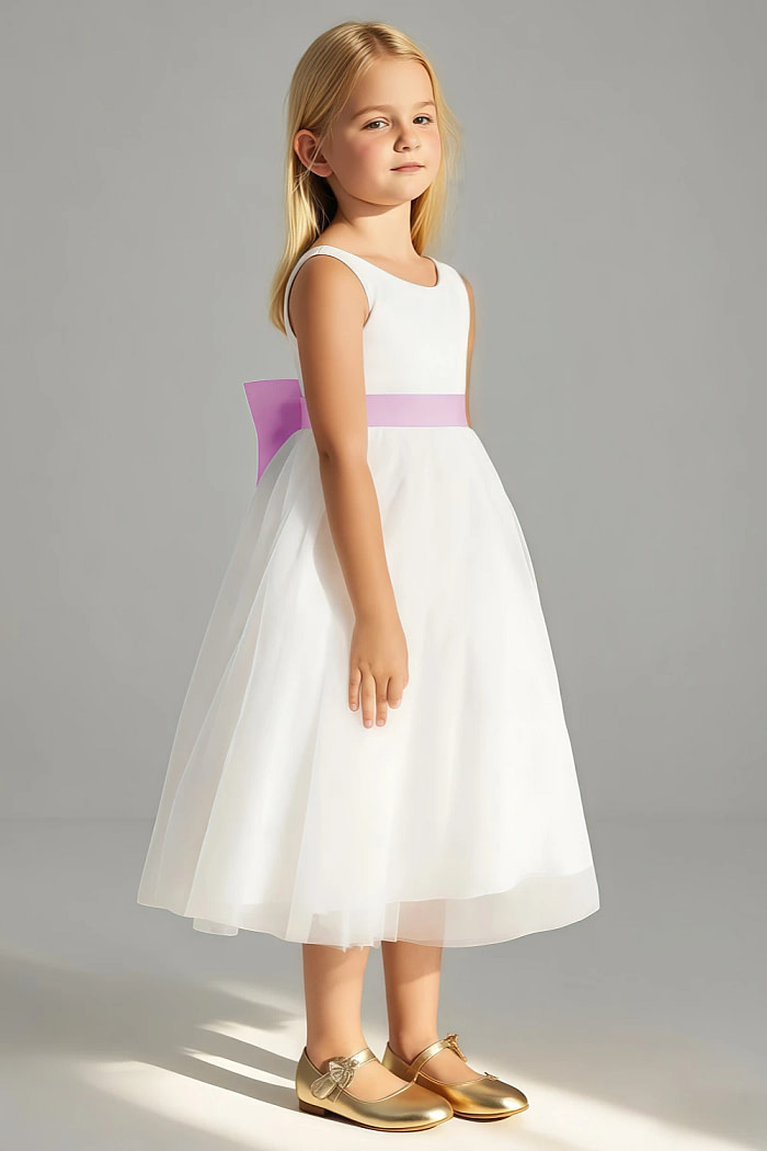 Akaks Blythe Flower Girl Dress Candy Pink A-Line Scoop Neck Tea Length Tulle Dress With Detachable Bow Image463382