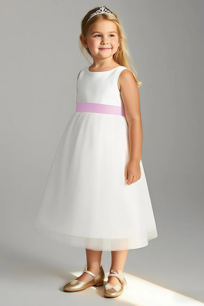 Akaks Blythe Flower Girl Dress Candy Pink A-Line Scoop Neck Tea Length Tulle Dress With Detachable Bow Image897434