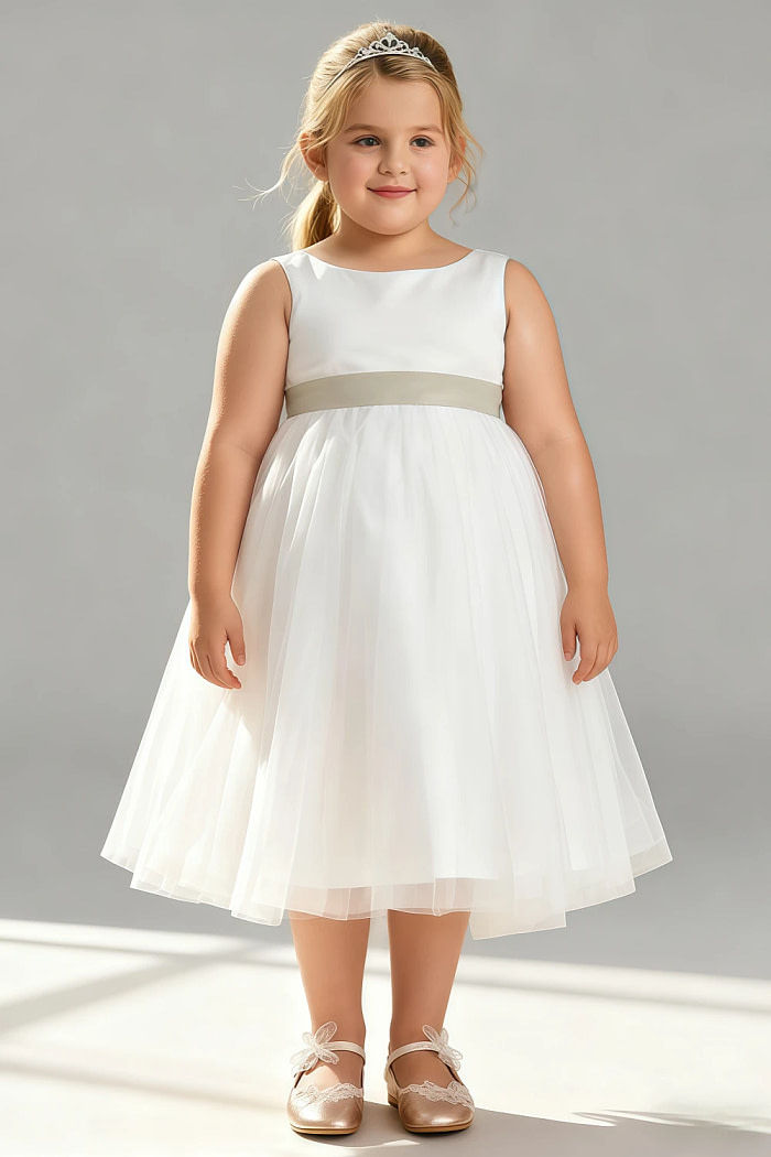 Akaks Blythe Flower Girl Dress Champagne A-Line Scoop Neck Tea Length Tulle Dress With Detachable Bow Image293529