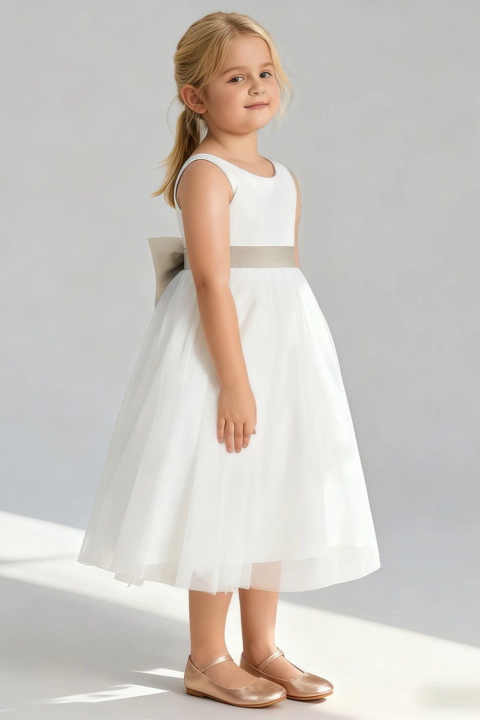 Akaks Blythe Flower Girl Dress Champagne A-Line Scoop Neck Tea Length Tulle Dress With Detachable Bow Image398817