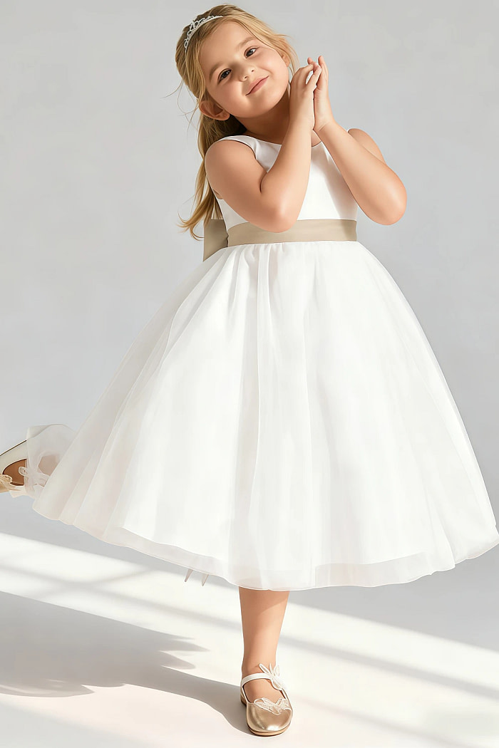 Akaks Blythe Flower Girl Dress Champagne A-Line Scoop Neck Tea Length Tulle Dress With Detachable Bow Image939869