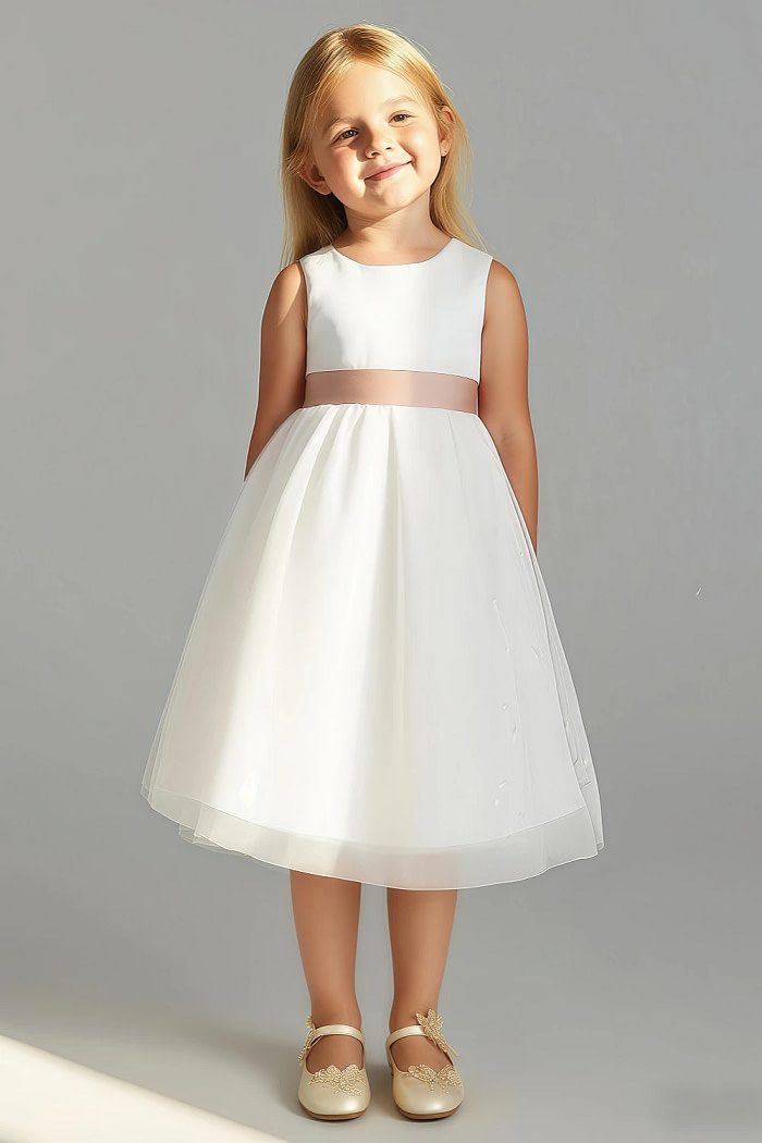 Akaks Blythe Flower Girl Dress Champagne Rose A-Line Scoop Neck Tea Length Tulle Dress With Detachable Bow Image136336