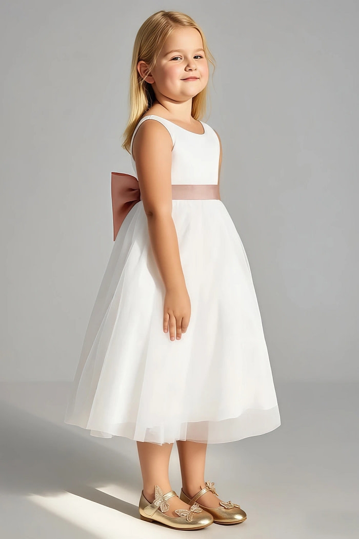 Akaks Blythe Flower Girl Dress Champagne Rose A-Line Scoop Neck Tea Length Tulle Dress With Detachable Bow Image195730