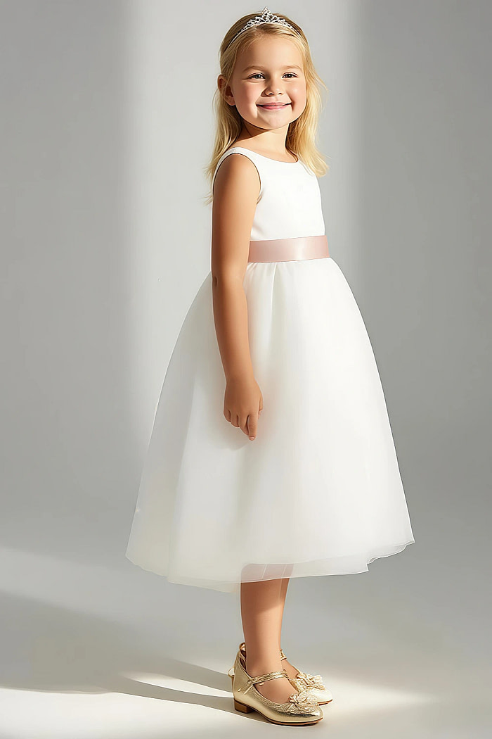 Akaks Blythe Flower Girl Dress Champagne Rose A-Line Scoop Neck Tea Length Tulle Dress With Detachable Bow Image400756