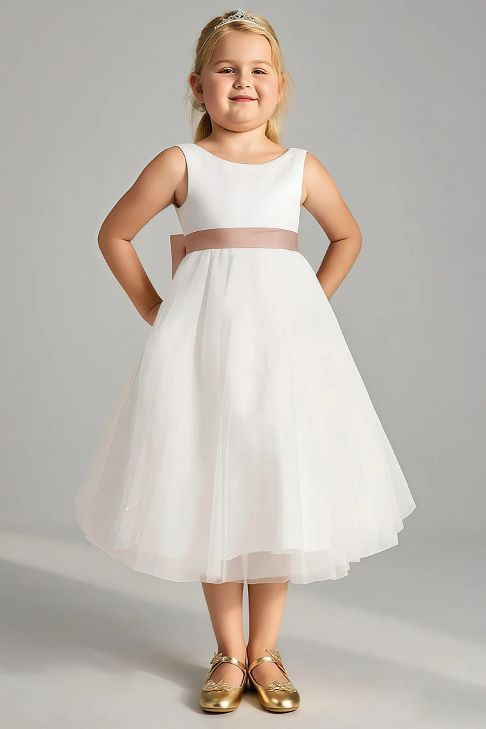 Akaks Blythe Flower Girl Dress Champagne Rose A-Line Scoop Neck Tea Length Tulle Dress With Detachable Bow Image563725