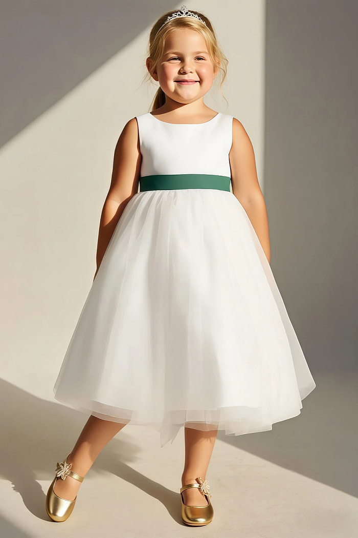 Akaks Blythe Flower Girl Dress Dark Green A-Line Scoop Neck Tea Length Tulle Dress With Detachable Bow Image533770