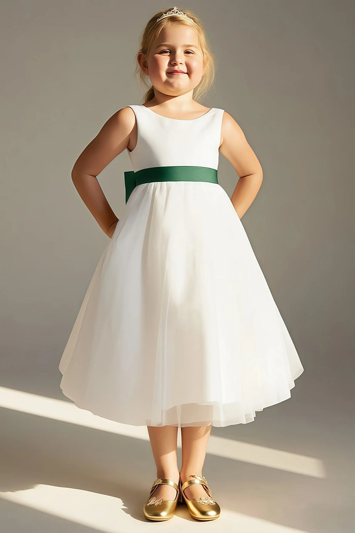 Akaks Blythe Flower Girl Dress Dark Green A-Line Scoop Neck Tea Length Tulle Dress With Detachable Bow Image582727