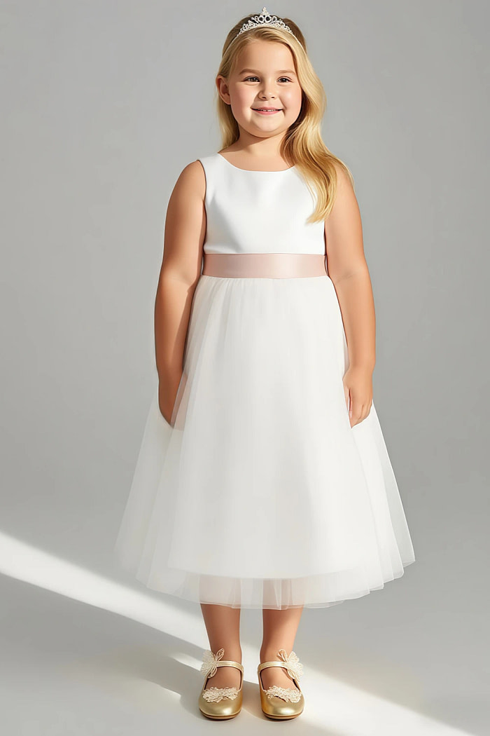 Akaks Blythe Flower Girl Dress English Rose A-Line Scoop Neck Tea Length Tulle Dress With Detachable Bow Image644777