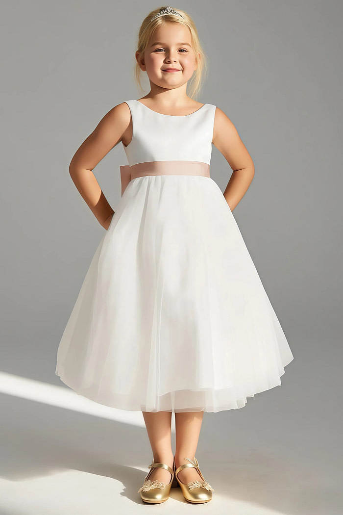 Akaks Blythe Flower Girl Dress English Rose A-Line Scoop Neck Tea Length Tulle Dress With Detachable Bow Image856563