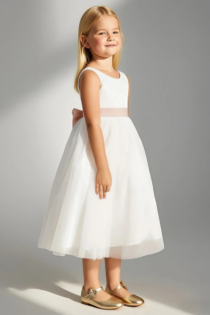 Akaks Blythe Flower Girl Dress English Rose A-Line Scoop Neck Tea Length Tulle Dress With Detachable Bow Image931946