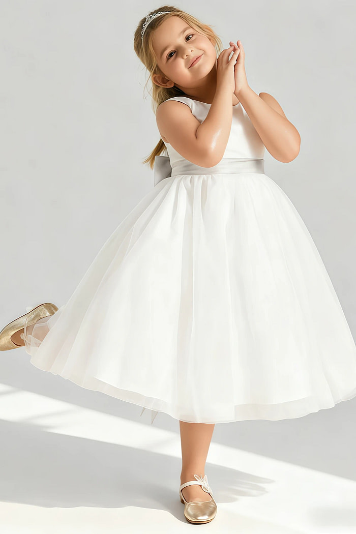 Akaks Blythe Flower Girl Dress Frost A-Line Scoop Neck Tea Length Tulle Dress With Detachable Bow Image149220
