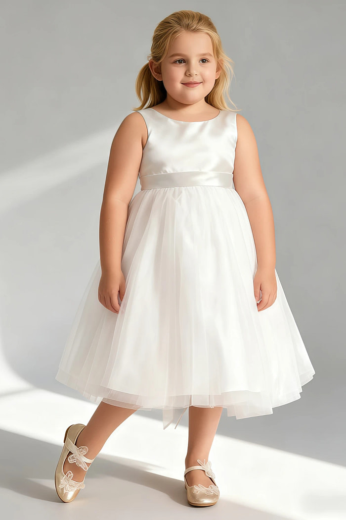 Akaks Blythe Flower Girl Dress Frost A-Line Scoop Neck Tea Length Tulle Dress With Detachable Bow Image570812