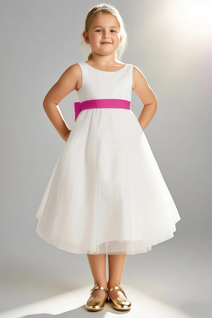 Akaks Blythe Flower Girl Dress Fuchsia A-Line Scoop Neck Tea Length Tulle Dress With Detachable Bow Image115058