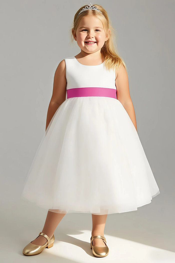 Akaks Blythe Flower Girl Dress Fuchsia A-Line Scoop Neck Tea Length Tulle Dress With Detachable Bow Image784470