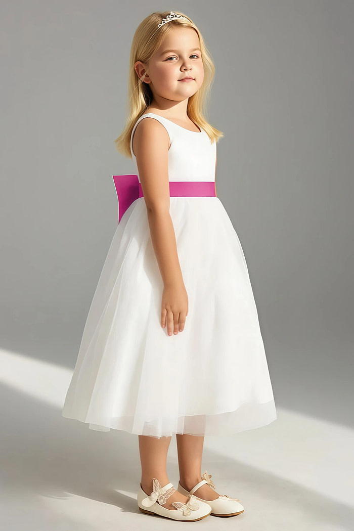 Akaks Blythe Flower Girl Dress Fuchsia A-Line Scoop Neck Tea Length Tulle Dress With Detachable Bow Image853815