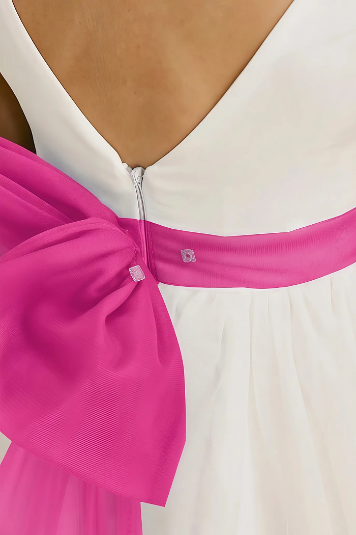 Akaks Blythe Flower Girl Dress Fuchsia A-Line Scoop Neck Tea Length Tulle Dress With Detachable Bow Image880359