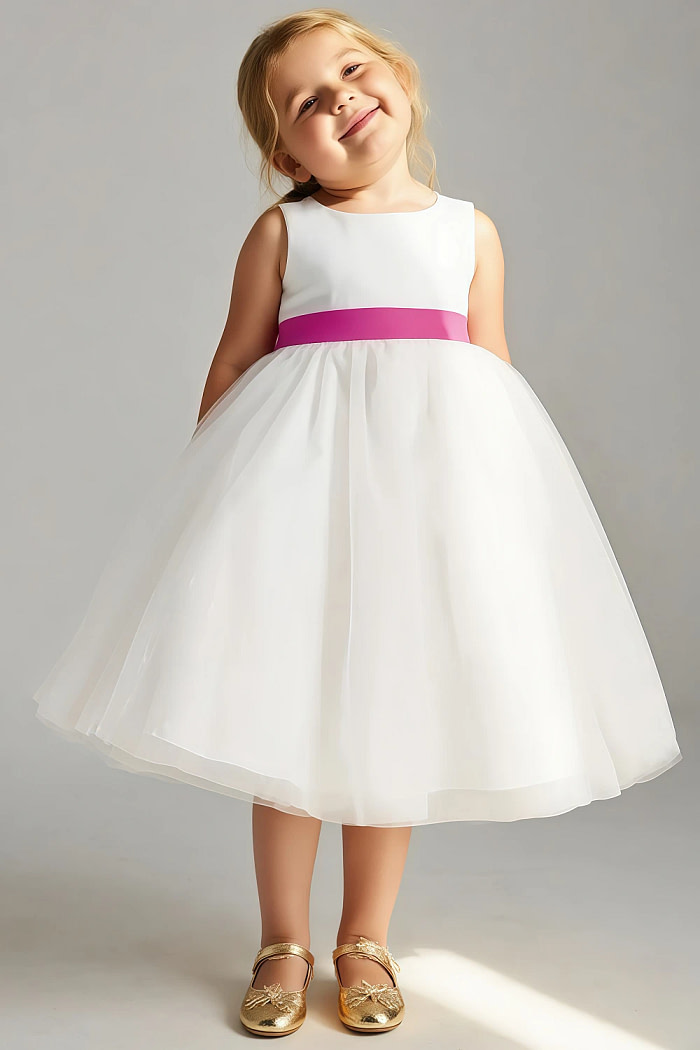 Akaks Blythe Flower Girl Dress Fuchsia A-Line Scoop Neck Tea Length Tulle Dress With Detachable Bow Image906207