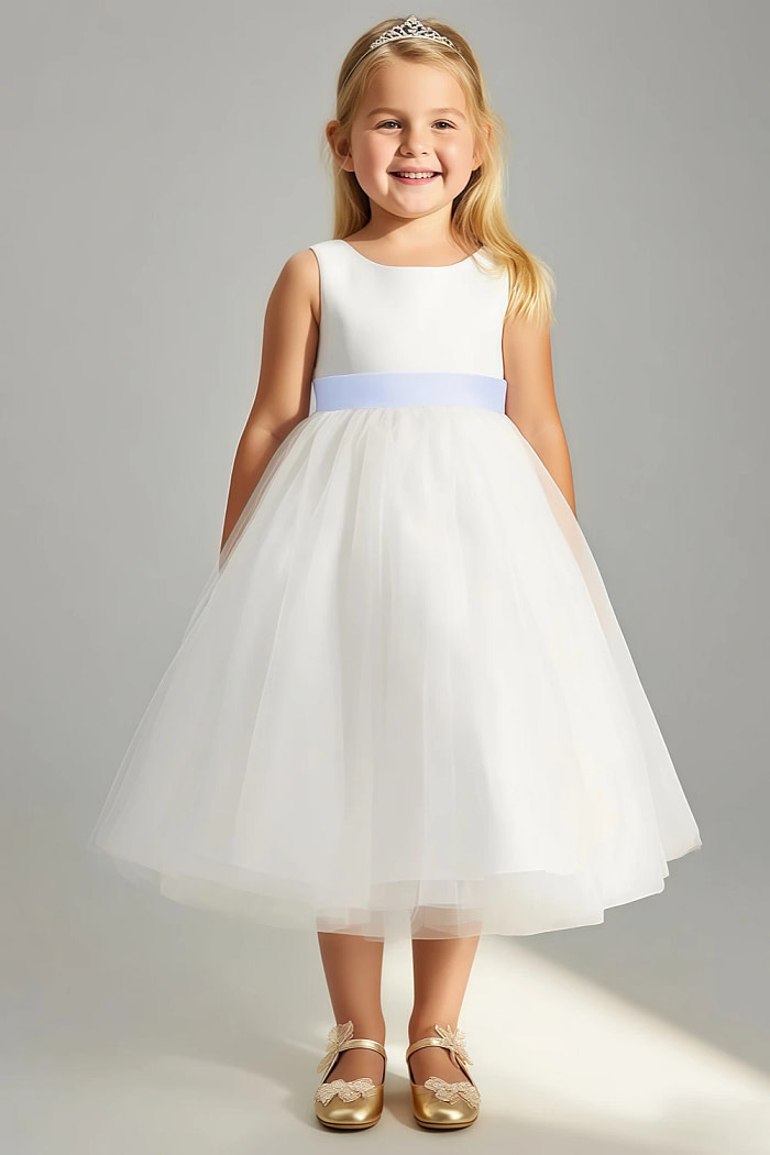 Akaks Blythe Flower Girl Dress Lavender A-Line Scoop Neck Tea Length Tulle Dress With Detachable Bow Image149882
