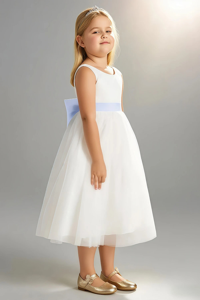 Akaks Blythe Flower Girl Dress Lavender A-Line Scoop Neck Tea Length Tulle Dress With Detachable Bow Image841990