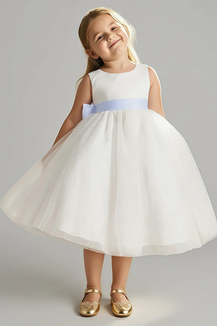 Akaks Blythe Flower Girl Dress Lavender A-Line Scoop Neck Tea Length Tulle Dress With Detachable Bow Image865414
