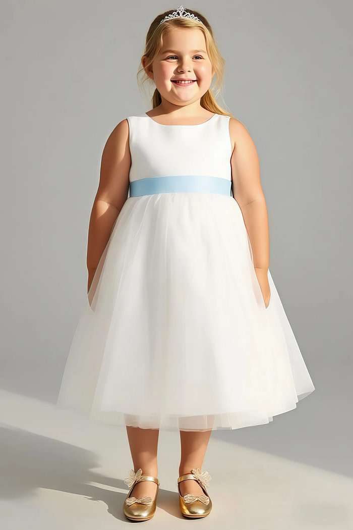 Akaks Blythe Flower Girl Dress Light Blue A-Line Scoop Neck Tea Length Tulle Dress With Detachable Bow Image172713