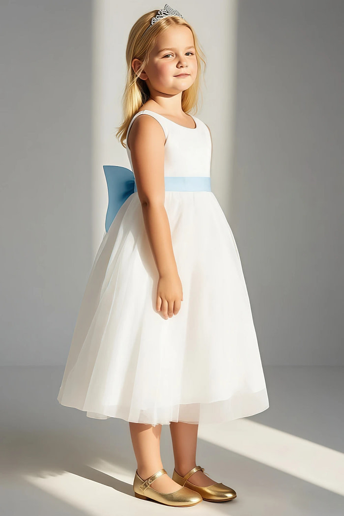 Akaks Blythe Flower Girl Dress Light Blue A-Line Scoop Neck Tea Length Tulle Dress With Detachable Bow Image423827