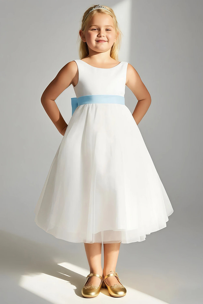 Akaks Blythe Flower Girl Dress Light Blue A-Line Scoop Neck Tea Length Tulle Dress With Detachable Bow Image898039
