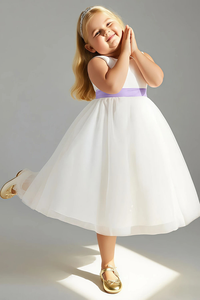 Akaks Blythe Flower Girl Dress Lilac A-Line Scoop Neck Tea Length Tulle Dress With Detachable Bow Image284971