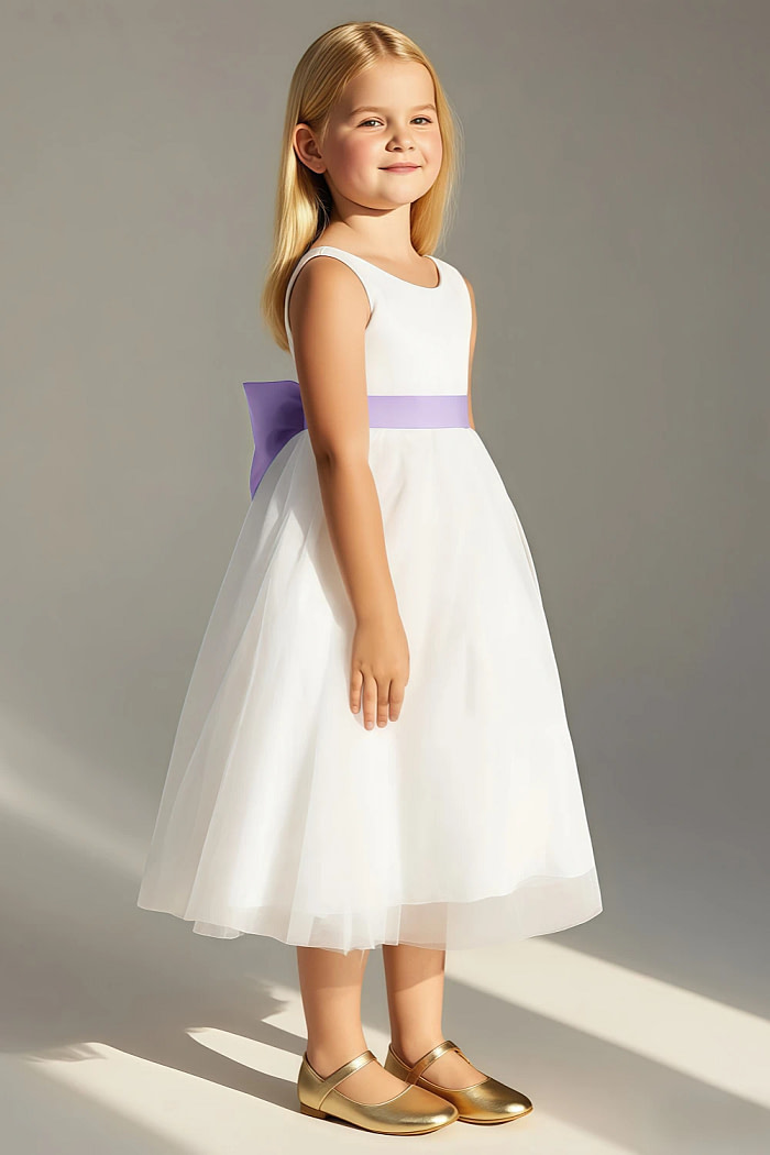Akaks Blythe Flower Girl Dress Lilac A-Line Scoop Neck Tea Length Tulle Dress With Detachable Bow Image302735