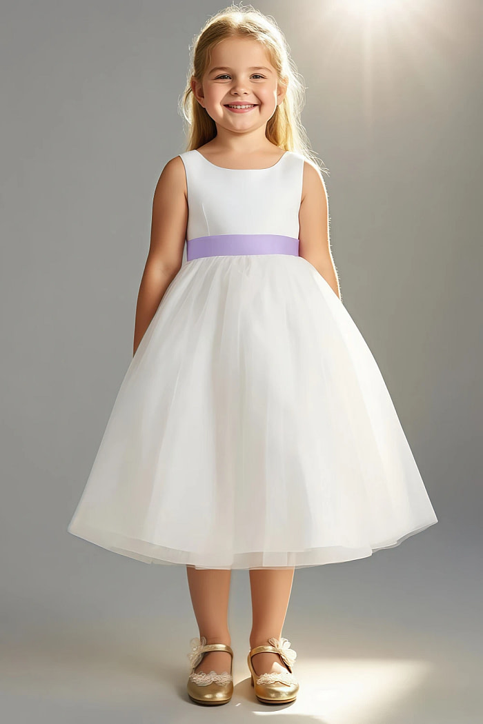 Akaks Blythe Flower Girl Dress Lilac A-Line Scoop Neck Tea Length Tulle Dress With Detachable Bow Image891836