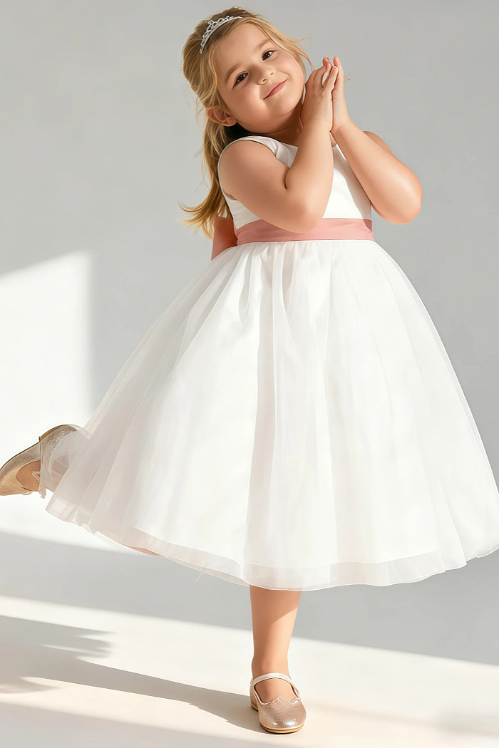Akaks Blythe Flower Girl Dress Mai Tai A-Line Scoop Neck Tea Length Tulle Dress With Detachable Bow Image114720