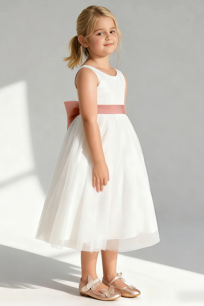 Akaks Blythe Flower Girl Dress Mai Tai A-Line Scoop Neck Tea Length Tulle Dress With Detachable Bow Image560363