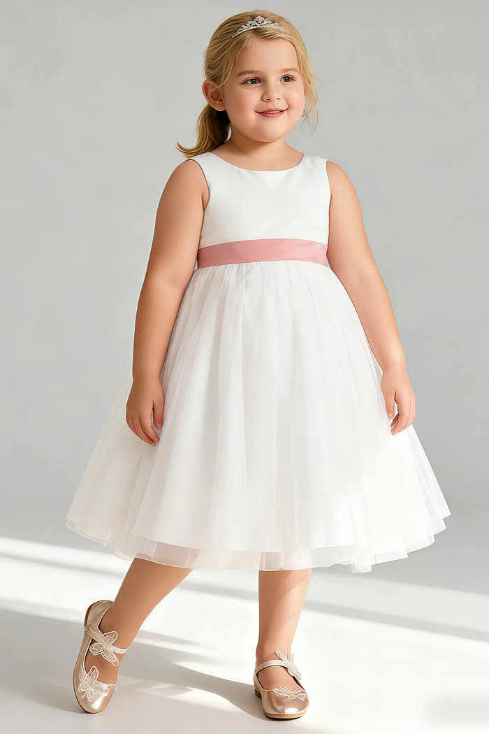 Akaks Blythe Flower Girl Dress Mai Tai A-Line Scoop Neck Tea Length Tulle Dress With Detachable Bow Image959544