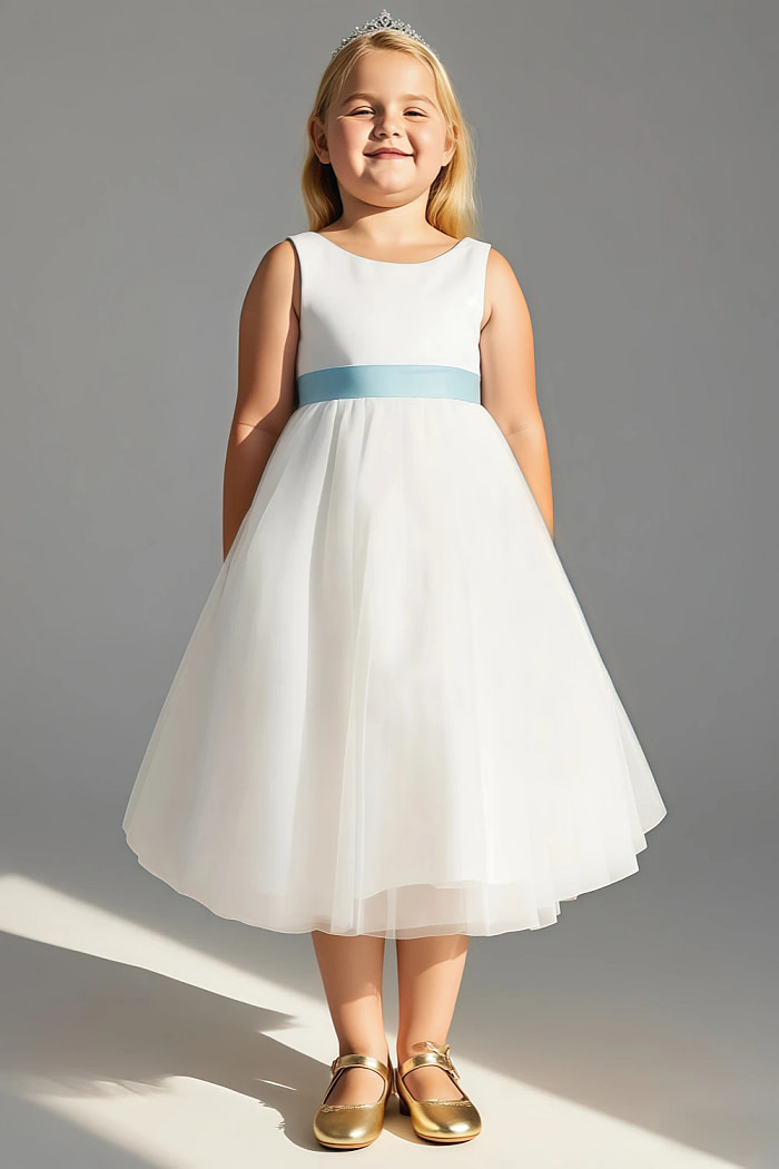 Akaks Blythe Flower Girl Dress Mist Blue A-Line Scoop Neck Tea Length Tulle Dress With Detachable Bow Image126516