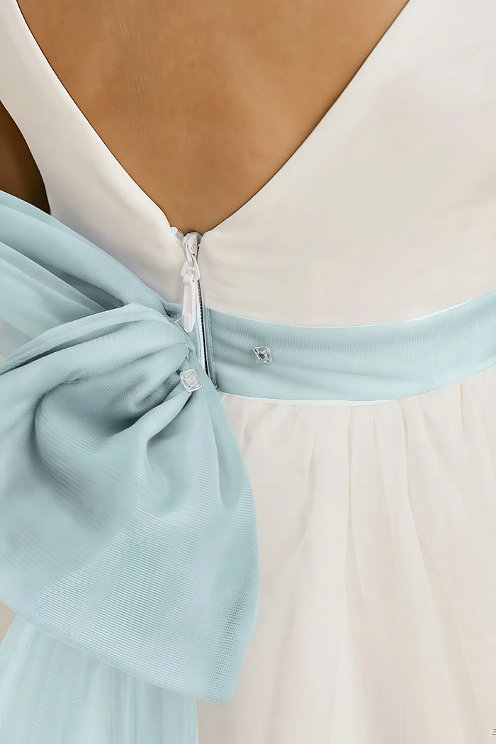 Akaks Blythe Flower Girl Dress Mist Blue A-Line Scoop Neck Tea Length Tulle Dress With Detachable Bow Image866609