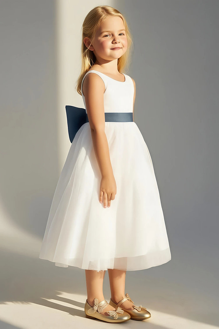 Akaks Blythe Flower Girl Dress Neptune A-Line Scoop Neck Tea Length Tulle Dress With Detachable Bow Image449833