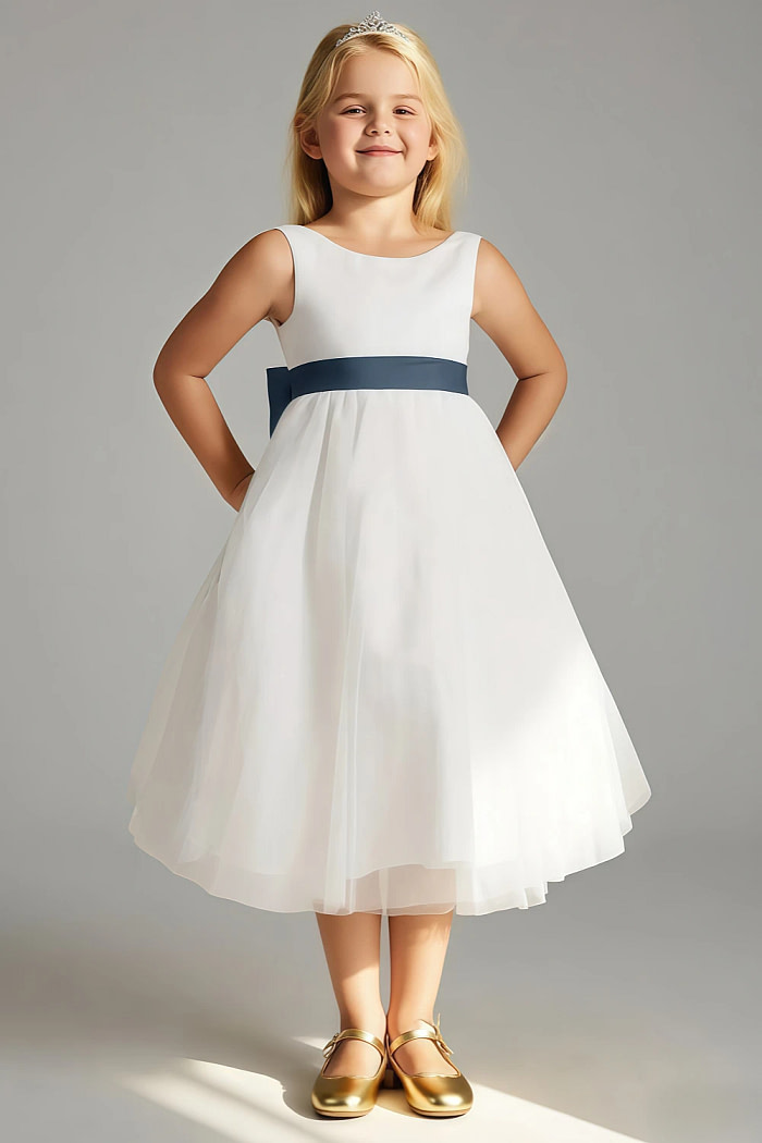 Akaks Blythe Flower Girl Dress Neptune A-Line Scoop Neck Tea Length Tulle Dress With Detachable Bow Image643621
