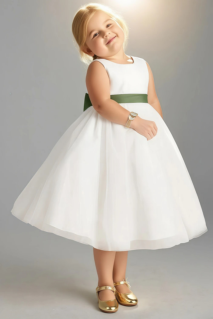 Akaks Blythe Flower Girl Dress Olive Green A-Line Scoop Neck Tea Length Tulle Dress With Detachable Bow Image185142