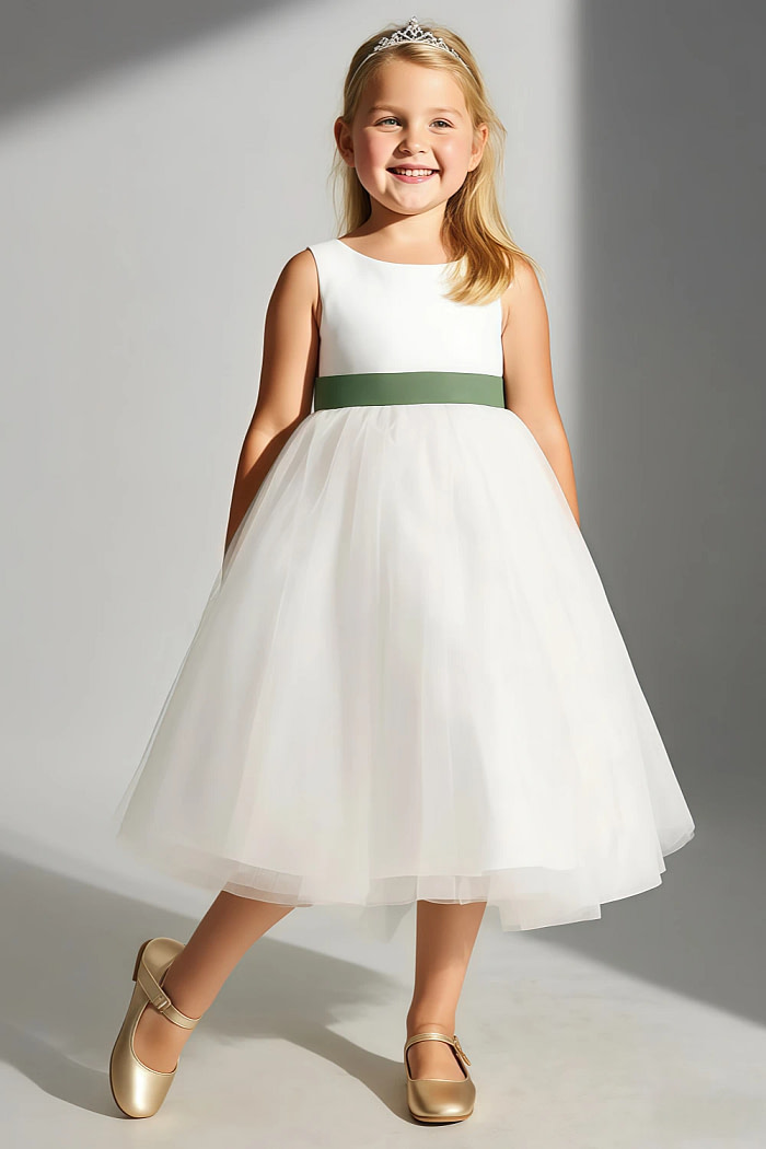 Akaks Blythe Flower Girl Dress Olive Green A-Line Scoop Neck Tea Length Tulle Dress With Detachable Bow Image576407