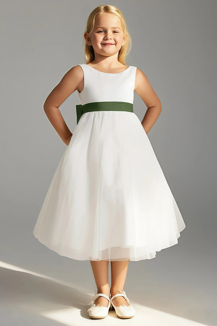 Akaks Blythe Flower Girl Dress Olive Green A-Line Scoop Neck Tea Length Tulle Dress With Detachable Bow Image863073