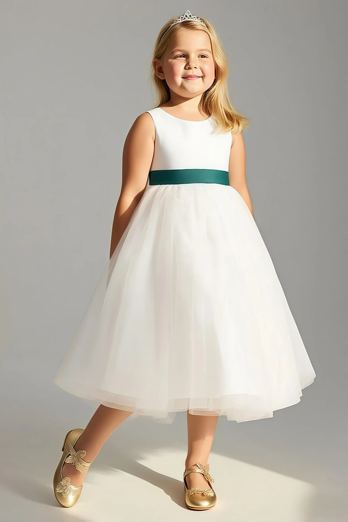 Akaks Blythe Flower Girl Dress Peacock A-Line Scoop Neck Tea Length Tulle Dress With Detachable Bow Image198480