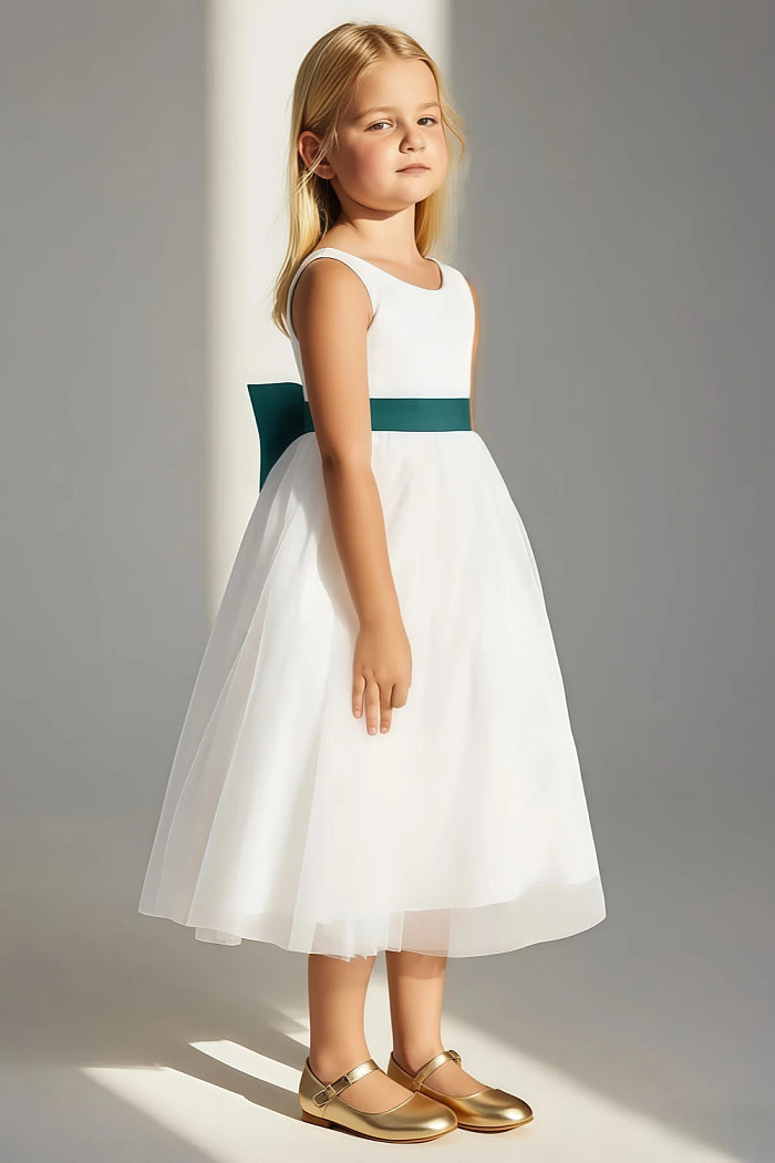 Akaks Blythe Flower Girl Dress Peacock A-Line Scoop Neck Tea Length Tulle Dress With Detachable Bow Image344658