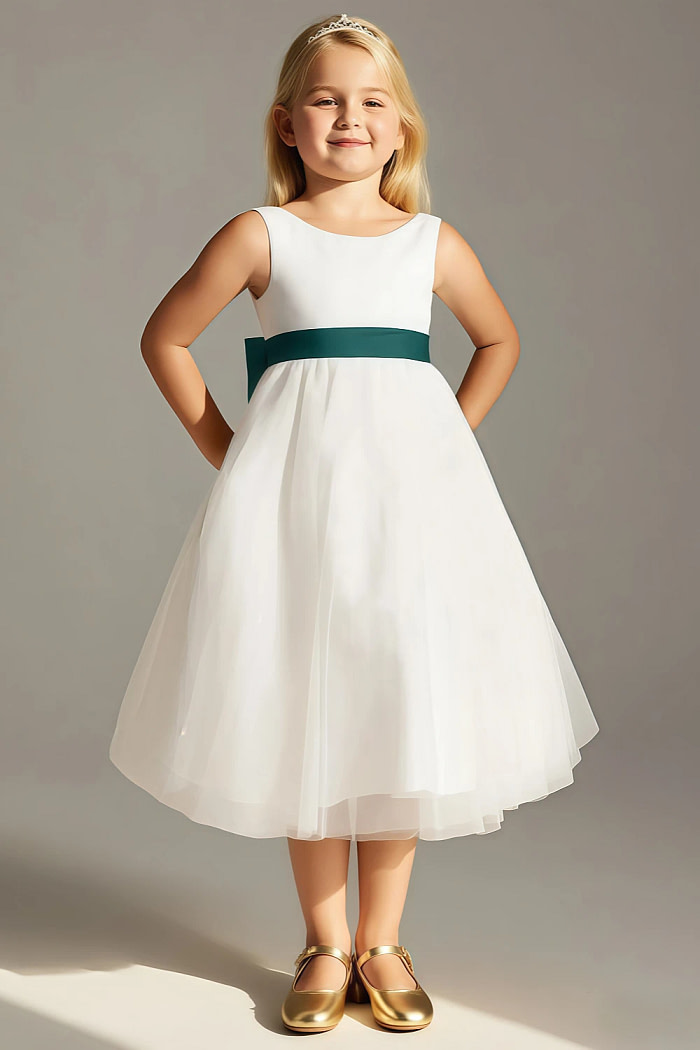 Akaks Blythe Flower Girl Dress Peacock A-Line Scoop Neck Tea Length Tulle Dress With Detachable Bow Image733475