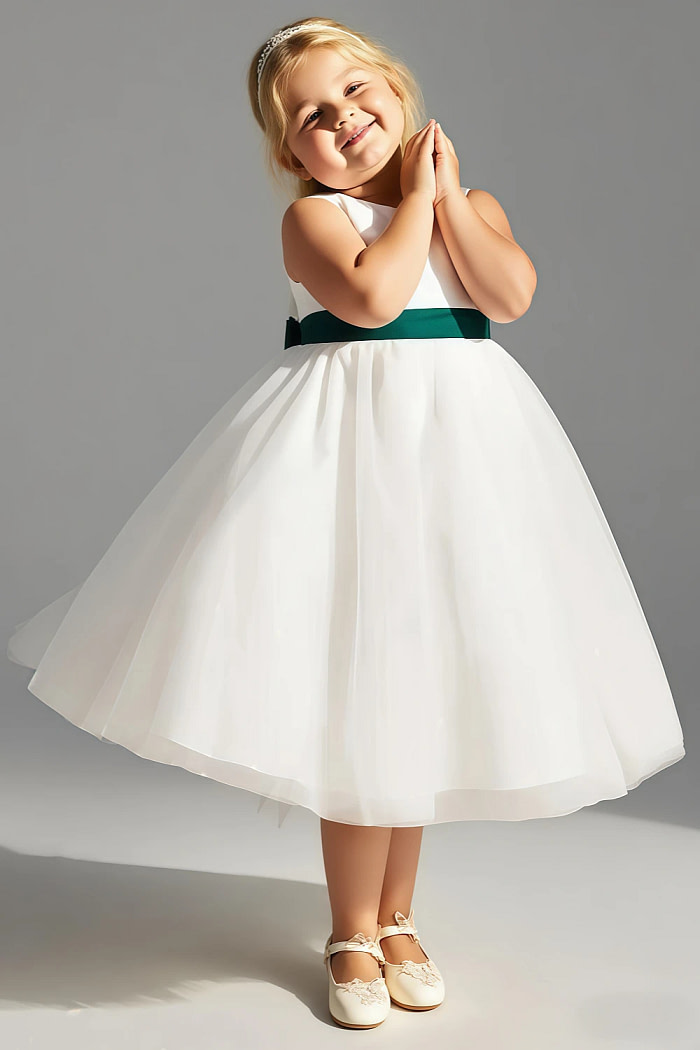 Akaks Blythe Flower Girl Dress Pine A-Line Scoop Neck Tea Length Tulle Dress With Detachable Bow Image703576