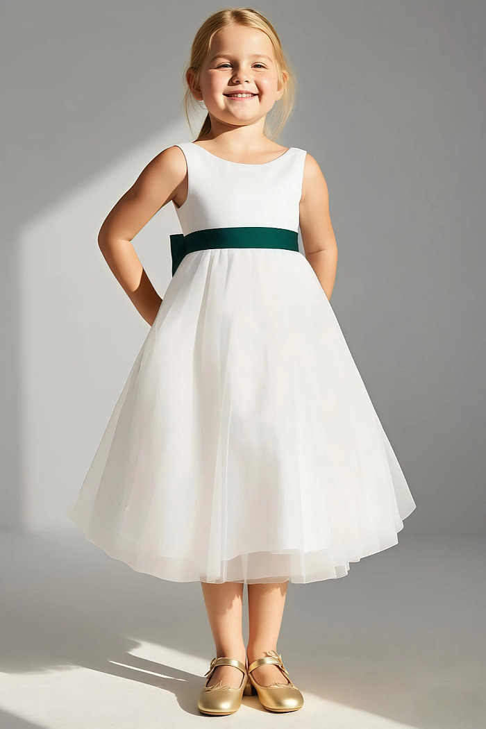Akaks Blythe Flower Girl Dress Pine A-Line Scoop Neck Tea Length Tulle Dress With Detachable Bow Image916883