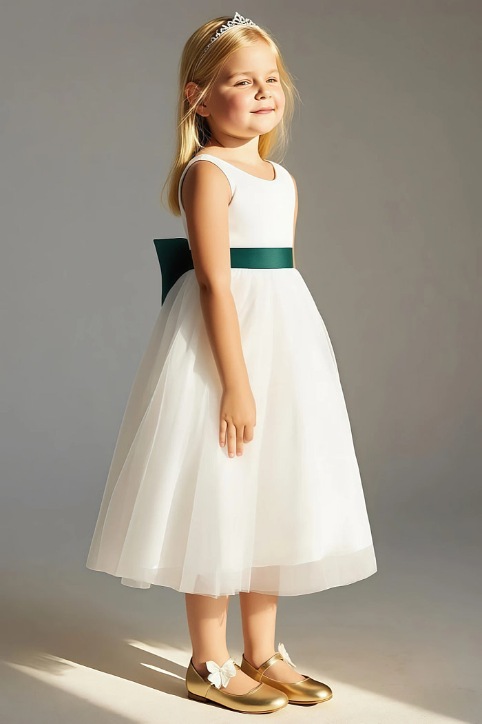 Akaks Blythe Flower Girl Dress Pine A-Line Scoop Neck Tea Length Tulle Dress With Detachable Bow Image928386