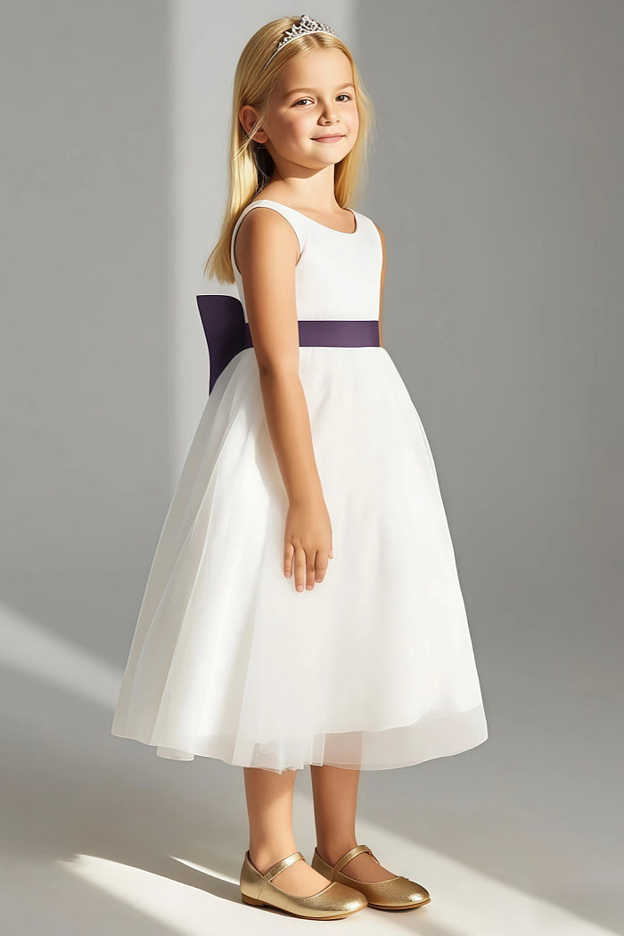 Akaks Blythe Flower Girl Dress Plum A-Line Scoop Neck Tea Length Tulle Dress With Detachable Bow Image218758