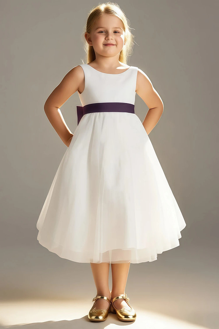 Akaks Blythe Flower Girl Dress Plum A-Line Scoop Neck Tea Length Tulle Dress With Detachable Bow Image333325