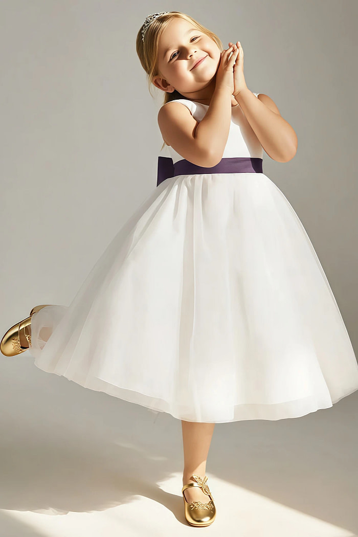 Akaks Blythe Flower Girl Dress Plum A-Line Scoop Neck Tea Length Tulle Dress With Detachable Bow Image762422