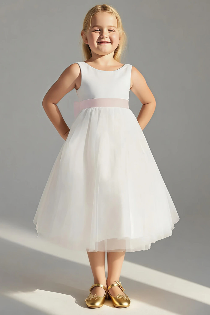 Akaks Blythe Flower Girl Dress Rose Petal A-Line Scoop Neck Tea Length Tulle Dress With Detachable Bow Image448799